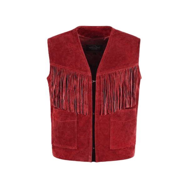 Red Real Suede Leather Fringe Vest For Men