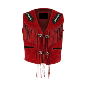 Red Suede Leather Fringe Beaded Vest For Men