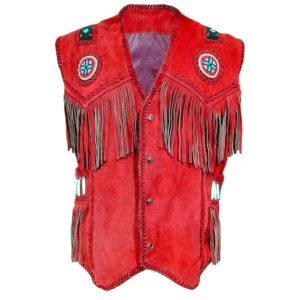 Red Suede Fringe Beaded Vest For Men