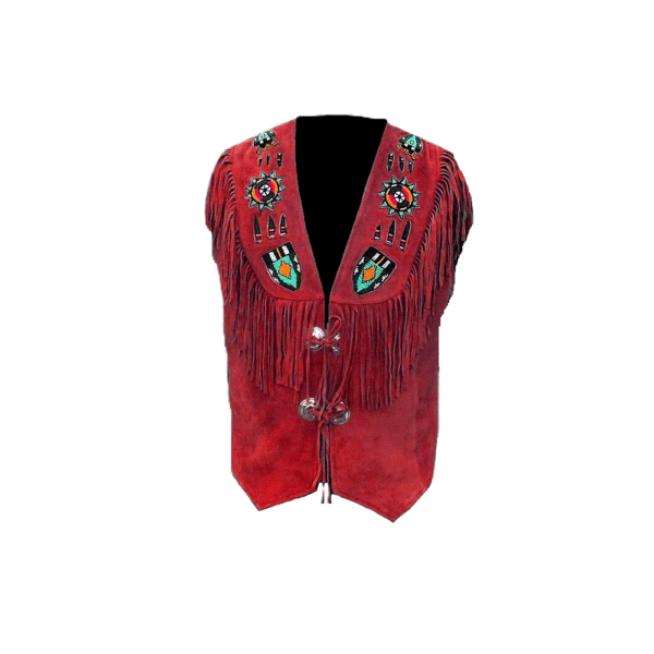 Red Suede Leather Fringe Beaded Vest For Men