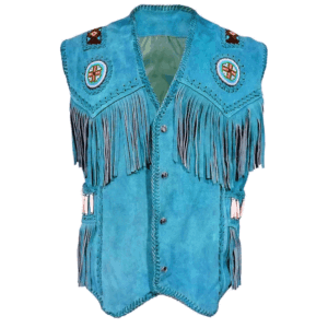 Turquoise Suede Fringe Beaded Vest For Men