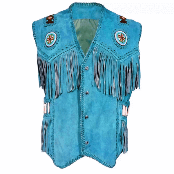 Turquoise Suede Fringe Beaded Vest For Men