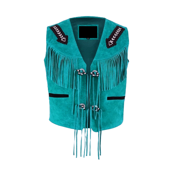 Turquoise Suede Leather Fringe Beaded Vest For Men