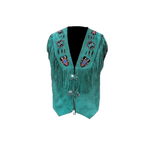 Turquoise Suede Leather Fringe Beaded Vest For Men