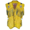 Yellow Suede Leather Fringe Beaded Vest For Men