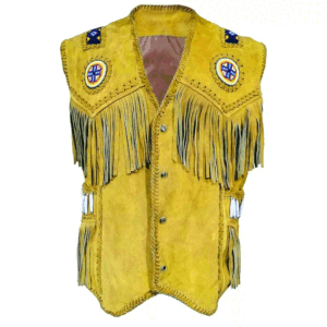 Yellow Suede Leather Fringe Beaded Vest For Men