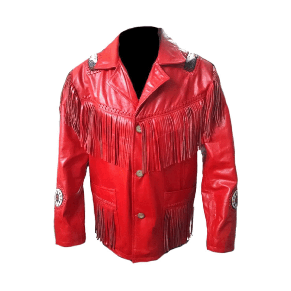 Red Leather Fringe And Beaded Jacket For Men