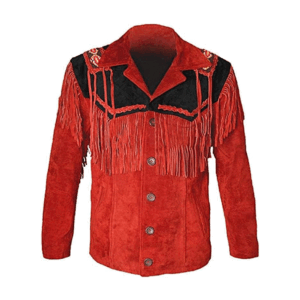 Red Suede Leather Fringe Beaded Jacket For Men