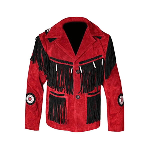 Red Suede Leather Fringe Beaded Jacket For Men