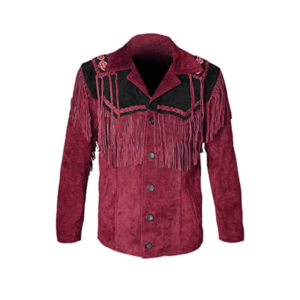 Red Suede Leather Fringe Beaded Jacket For Men