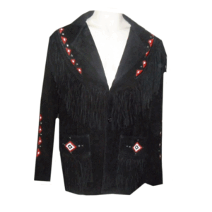 Black Suede Leather Fringe Beaded Jacket For Men