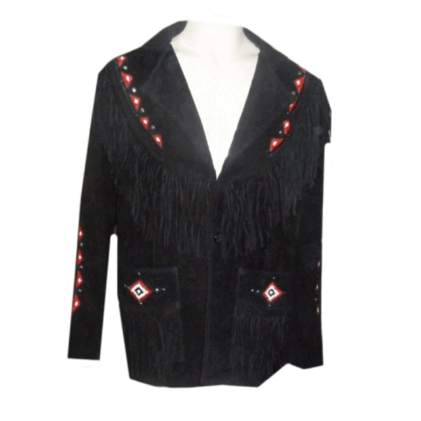 Black Suede Leather Fringe Beaded Jacket For Men