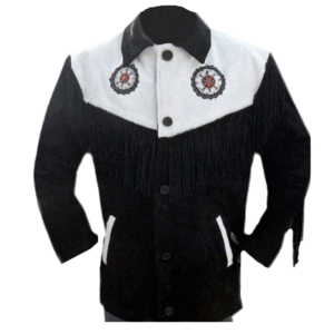 Black Leather Fringe Beaded Jacket For Men