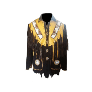 Yellow and Black Suede Leather Fringe Beaded Jacket For Men