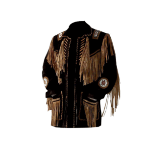 Black Suede Leather Brown Fringe Beaded Jacket