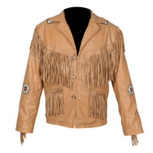 Beige Fringe Beaded Leather Jacket For Men