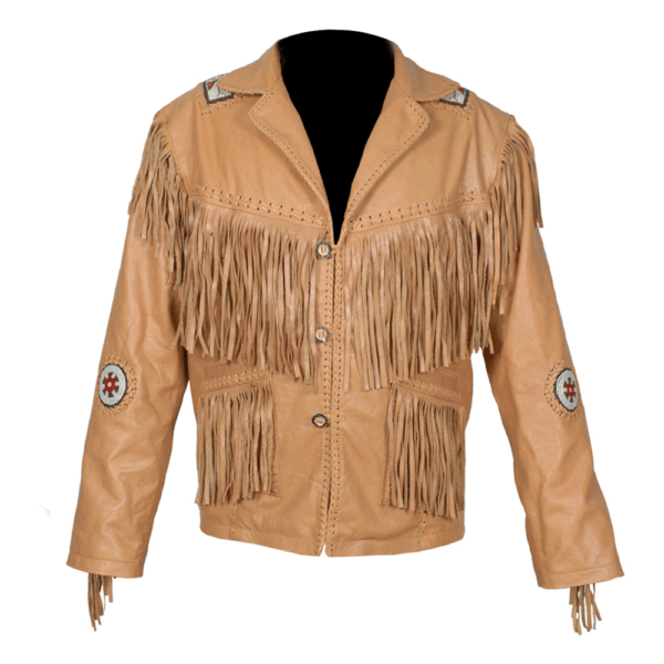 Beige Fringe Beaded Leather Jacket For Men