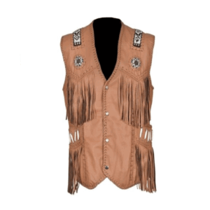Tan Leather Fringe And Beaded Vest For Men