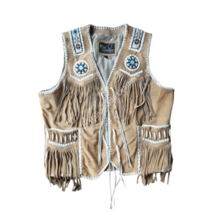 Beige Suede Leather Fringe Beaded Vest For Men