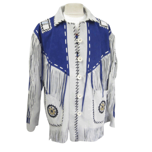 White and Blue Fringe Beaded Suede Leather Jacket