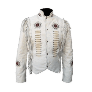 White Suede Leather Fringe And Beaded Jacket