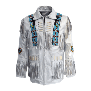 White Leather Fringe Beaded Jacket For Men