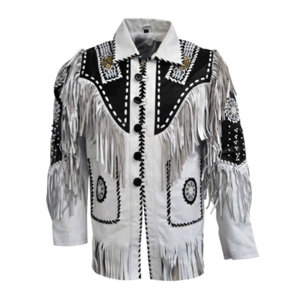 White Leather Fringe Beaded Jacket For Men