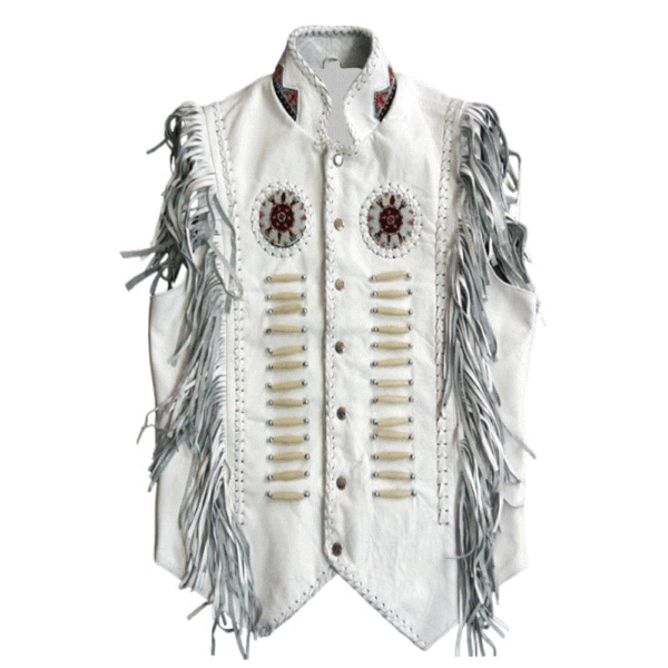 White Leather Fringe Beaded And Bone Work Vest