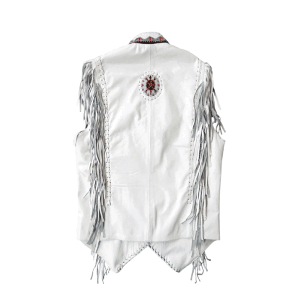 White Leather Fringe Beaded Bones Vest For Men MWV712 - Image 3