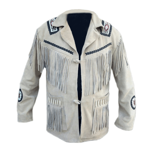 Beige Fringe Beaded Leather Jacket For Men