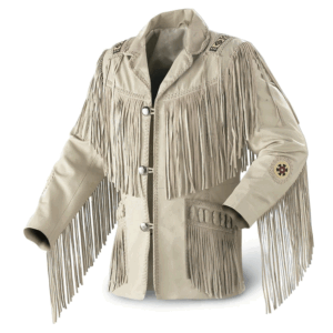 Beige Fringe Beaded Leather Jacket For Men