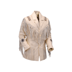 Beige Fringe Beaded Leather Jacket For Men