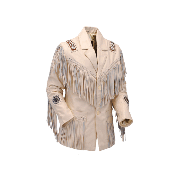 Beige Fringe Beaded Leather Jacket For Men