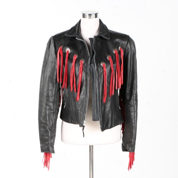 Cowgirl Black Leather Jacket with Red Fringes & Concho