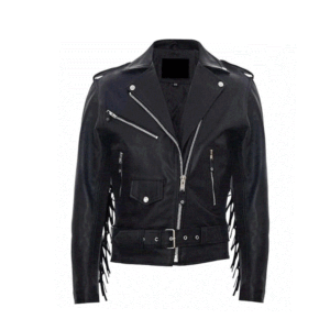 Black leather fringe biker jacket
