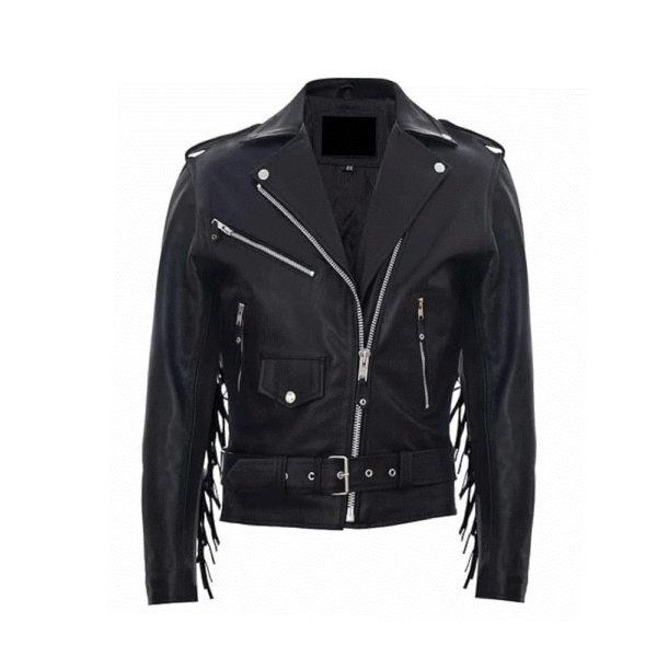 Black leather fringe biker jacket