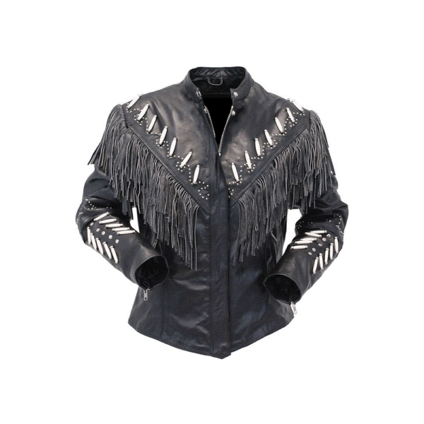 black leather fringe bone work jacket