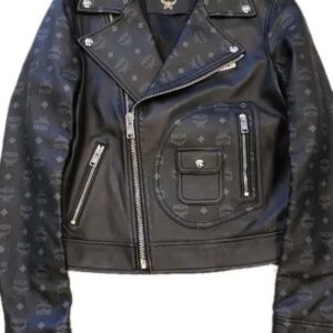 MCM Logo Print Black Leather Jacket