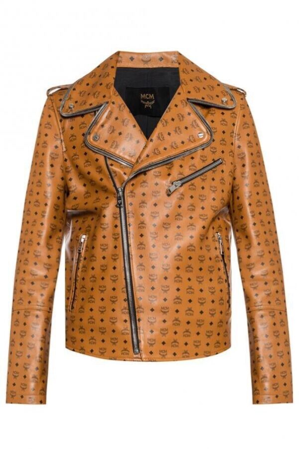 Men's Brown All-over MCM Logo Print Leather Jacket