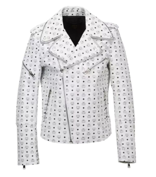 MCM Logo Print White Leather Jacket