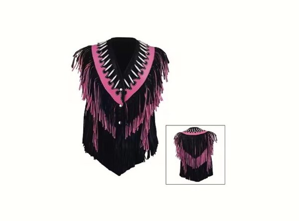 Cowgirl Pink Fringe Black Suede Leather Bones Vest WWV607 - Image 5