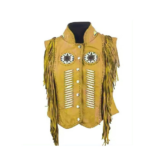 Cowgirl Fringe Turquoise Leather Bones Beaded Vest WWV617 - Image 4