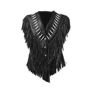 top Crop black leather fringe vest