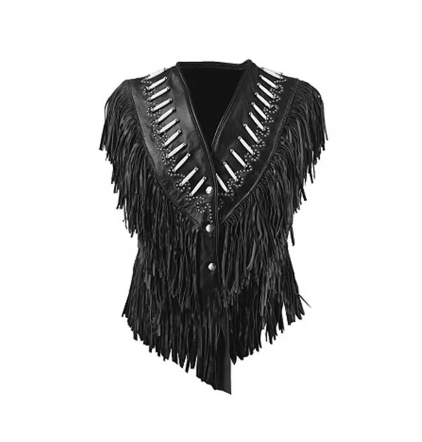 top Crop black leather fringe vest
