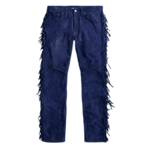 suede leather fringe pants in blue