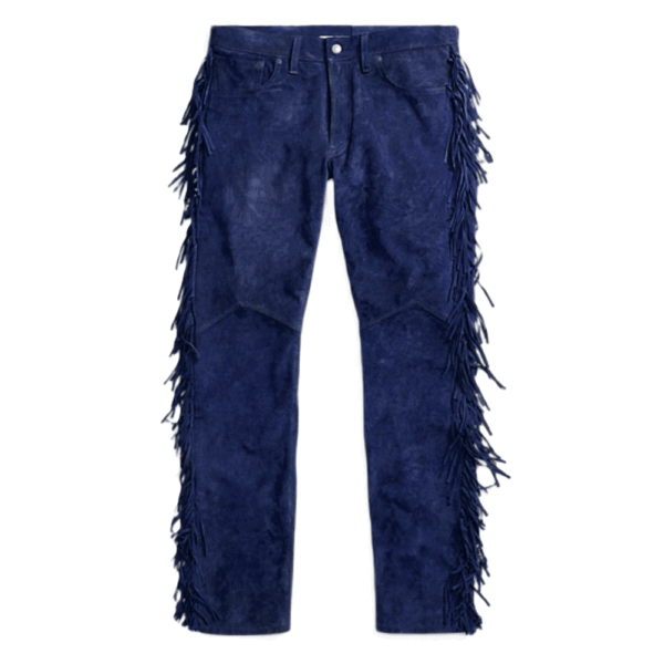 suede leather fringe pants in blue